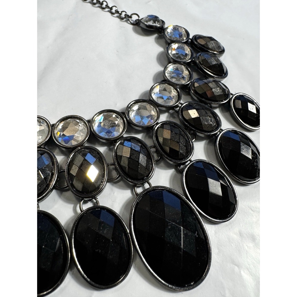 Womens Gunmetal Black Clear Faceted Stone Tiered Bib Statement Necklace Glam